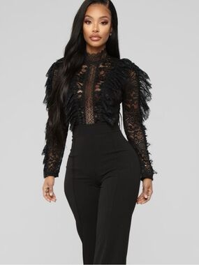 Fashion Nova Black Lace Sheer Ruffle Bodysuit